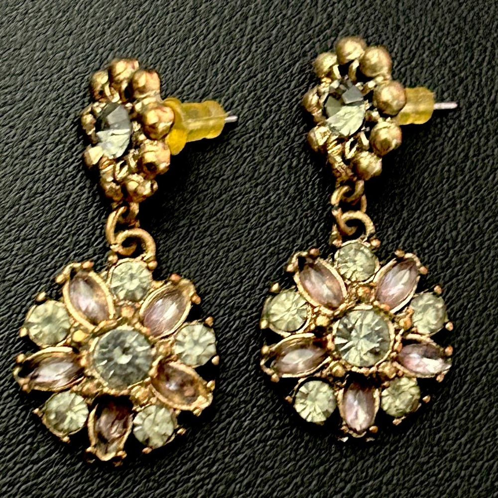 Y2K Gold Rhinestone Flower Drop Earrings McBling Cluster Costume 2000s